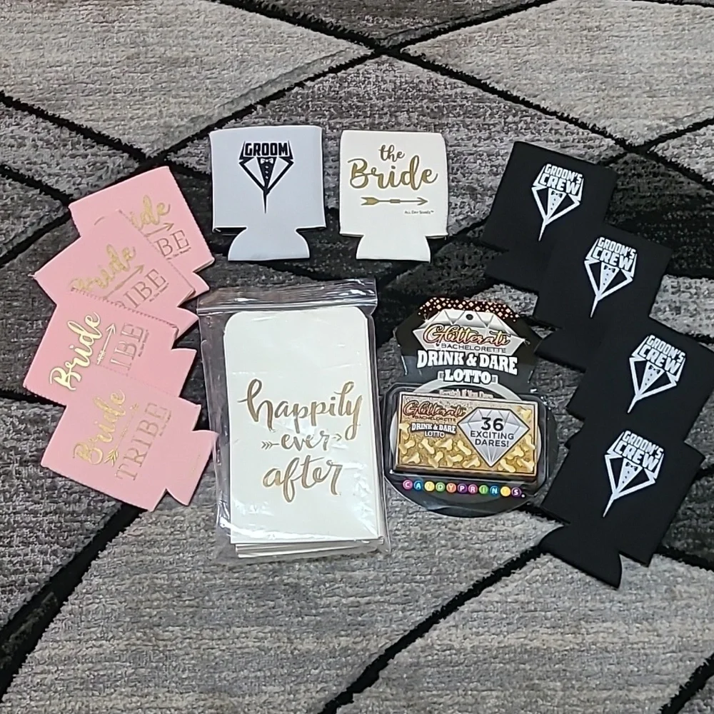 WEDDING KOOZIES GIFT TREAT BAGS DRINK & DARE BACHELORETTE LOTTO BUNDLE